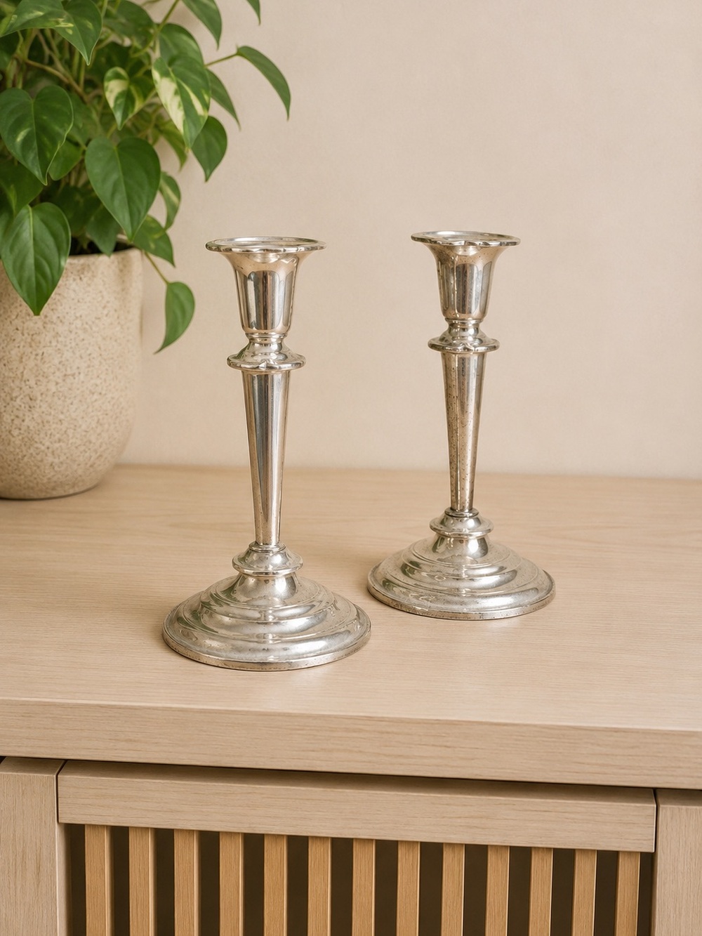 Vintage HBC Silver Plate Candlesticks England Castlecore Cottagecore Bookcase‎